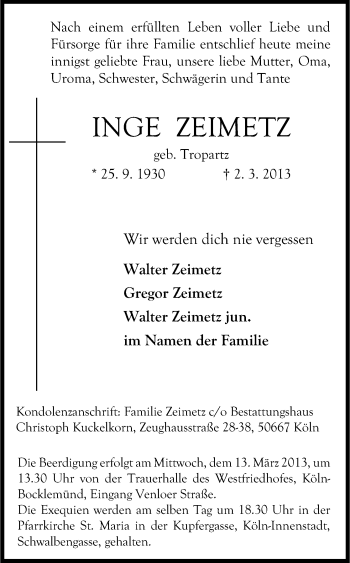 Anzeige von Inge Zeimetz von Kölner Stadt-Anzeiger / Kölnische Rundschau / Express