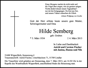 Anzeige von Hilde Semberg von Kölner Stadt-Anzeiger / Kölnische Rundschau / Express