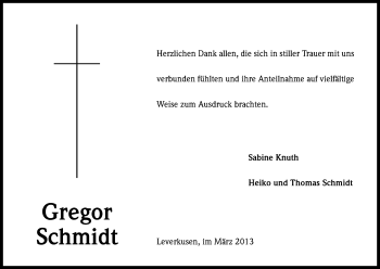 Anzeige von Gregor Schmidt von Kölner Stadt-Anzeiger / Kölnische Rundschau / Express