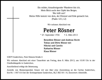Anzeige von Peter Rösner von Kölner Stadt-Anzeiger / Kölnische Rundschau / Express