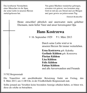 Anzeige von Hans Kostrzewa von Kölner Stadt-Anzeiger / Kölnische Rundschau / Express