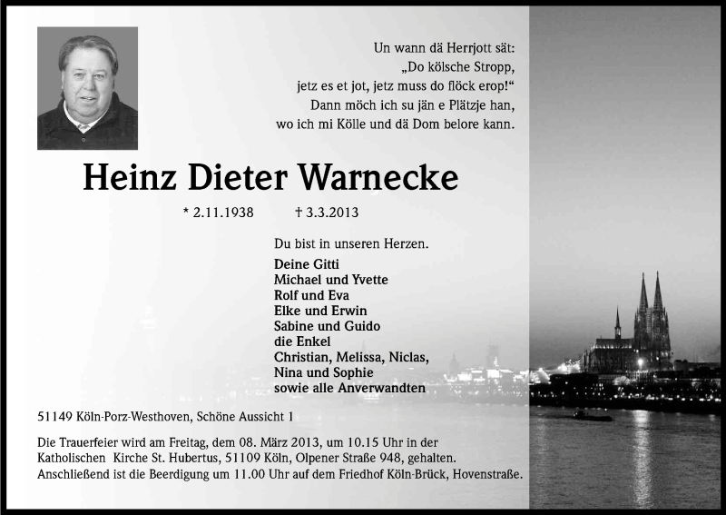  Traueranzeige für Heinz Dieter Warnecke vom 06.03.2013 aus Kölner Stadt-Anzeiger / Kölnische Rundschau / Express