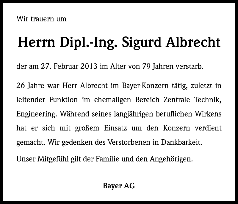  Traueranzeige für Sigurd Albrecht vom 06.03.2013 aus Kölner Stadt-Anzeiger / Kölnische Rundschau / Express