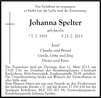 Anzeige von Johanna Spelter von Kölner Stadt-Anzeiger / Kölnische Rundschau / Express