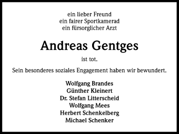 Anzeige von Andreas Gentges von Kölner Stadt-Anzeiger / Kölnische Rundschau / Express