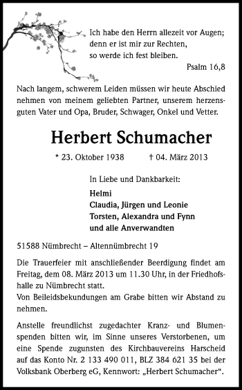 Anzeige von Herbert Schumacher von Kölner Stadt-Anzeiger / Kölnische Rundschau / Express