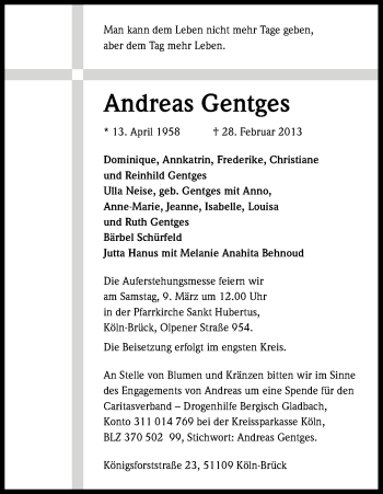 Anzeige von Andreas Gentges von Kölner Stadt-Anzeiger / Kölnische Rundschau / Express