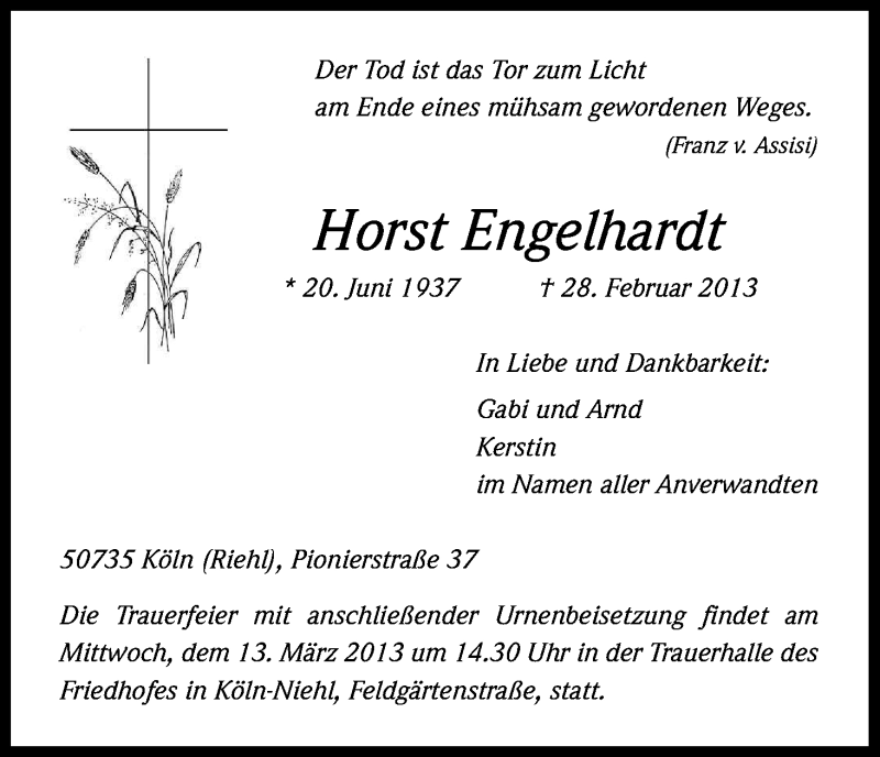  Traueranzeige für Horst Engelhardt vom 09.03.2013 aus Kölner Stadt-Anzeiger / Kölnische Rundschau / Express