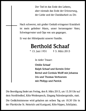 Anzeige von Berthold Schaaf von Kölner Stadt-Anzeiger / Kölnische Rundschau / Express
