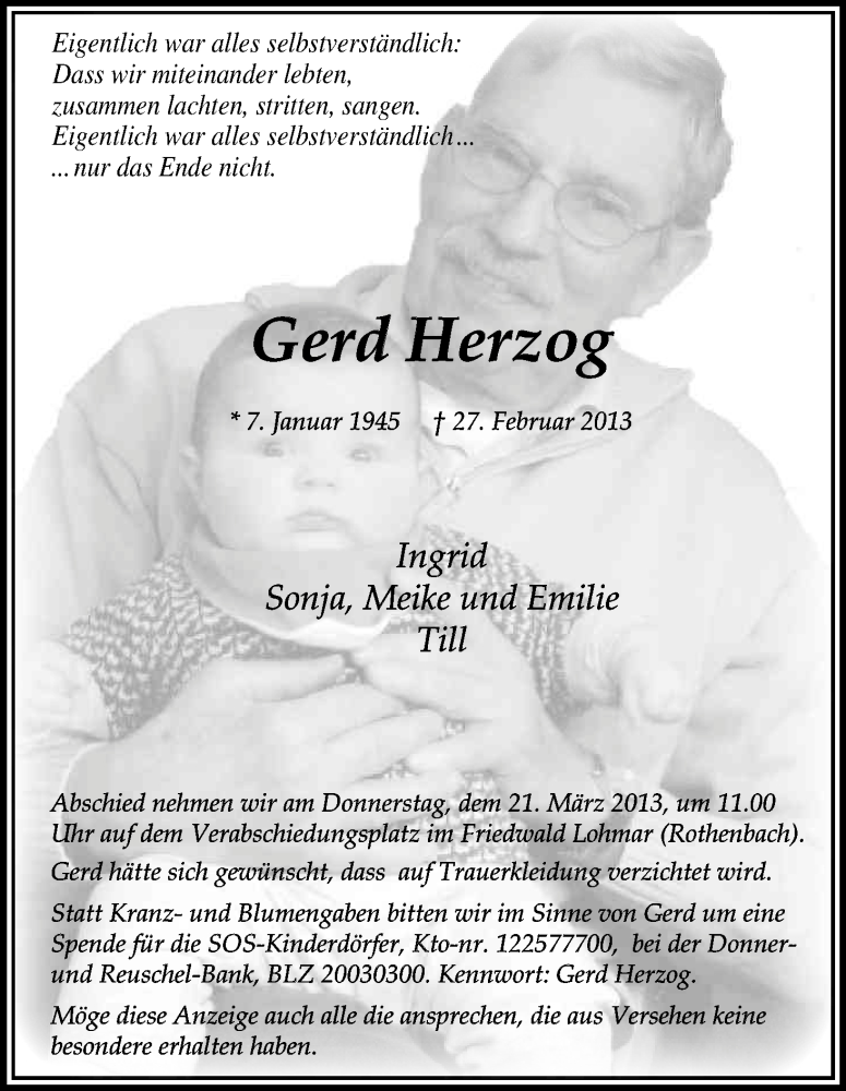  Traueranzeige für Gerd Herzog vom 09.03.2013 aus Kölner Stadt-Anzeiger / Kölnische Rundschau / Express