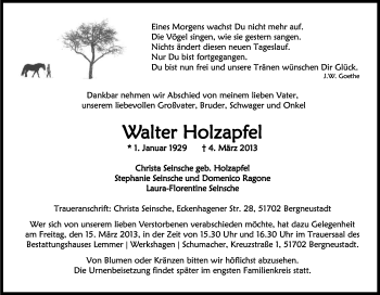 Anzeige von Walter Holzapfel von Kölner Stadt-Anzeiger / Kölnische Rundschau / Express