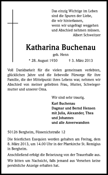 Anzeige von Katharina Buchenau von Kölner Stadt-Anzeiger / Kölnische Rundschau / Express