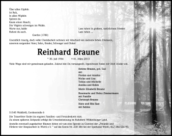 Anzeige von Reinhard Braune von Kölner Stadt-Anzeiger / Kölnische Rundschau / Express
