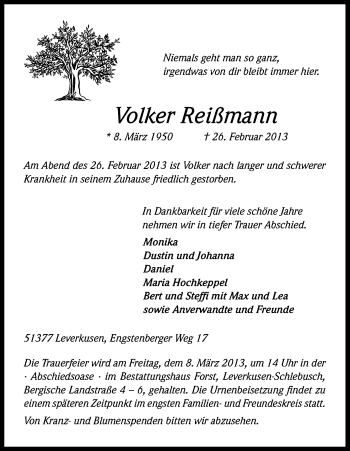 Anzeige von Volker Reißmann von Kölner Stadt-Anzeiger / Kölnische Rundschau / Express