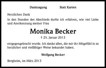 Anzeige von Monika Becker von Kölner Stadt-Anzeiger / Kölnische Rundschau / Express
