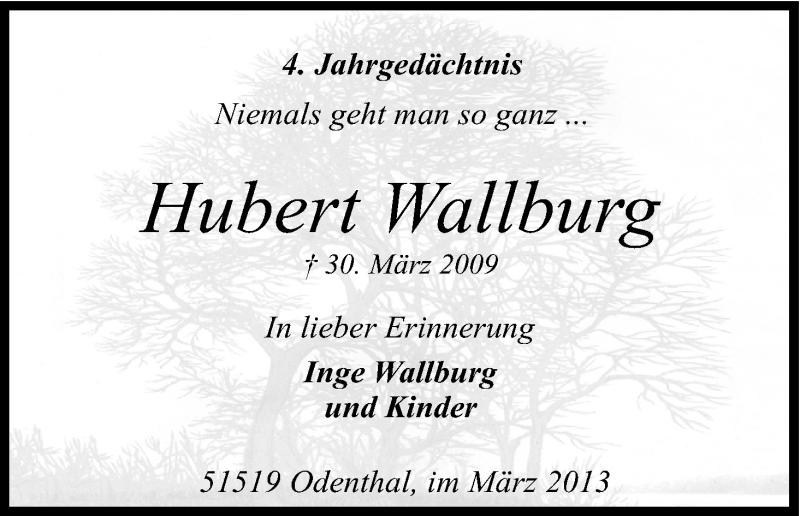  Traueranzeige für Hubert Wallburg vom 30.03.2013 aus Kölner Stadt-Anzeiger / Kölnische Rundschau / Express