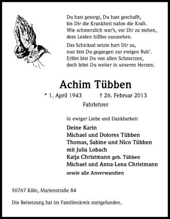 Anzeige von Achim Tübben von Kölner Stadt-Anzeiger / Kölnische Rundschau / Express