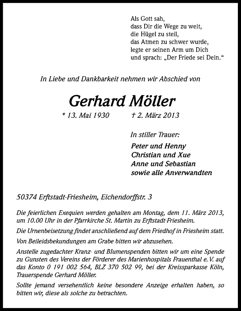  Traueranzeige für Gerhard Möller vom 06.03.2013 aus Kölner Stadt-Anzeiger / Kölnische Rundschau / Express