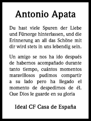 Anzeige von Antonio Apata von Kölner Stadt-Anzeiger / Kölnische Rundschau / Express