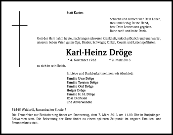 Anzeige von Karl-Heinz Dröge von Kölner Stadt-Anzeiger / Kölnische Rundschau / Express