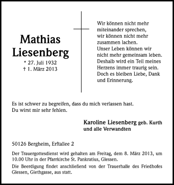 Anzeige von Mathias Liesenberg von Kölner Stadt-Anzeiger / Kölnische Rundschau / Express