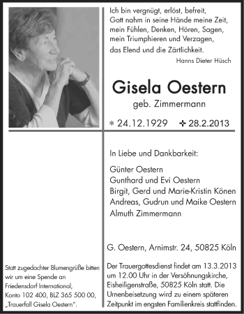Anzeige von Gisela Oestern von Kölner Stadt-Anzeiger / Kölnische Rundschau / Express