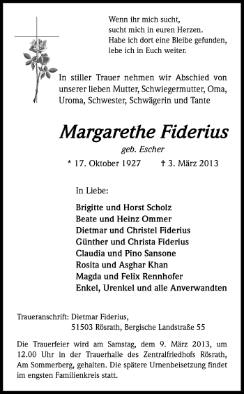Anzeige von Margarethe Fiderius von Kölner Stadt-Anzeiger / Kölnische Rundschau / Express