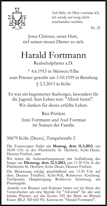Anzeige von Harald Fortmann von Kölner Stadt-Anzeiger / Kölnische Rundschau / Express
