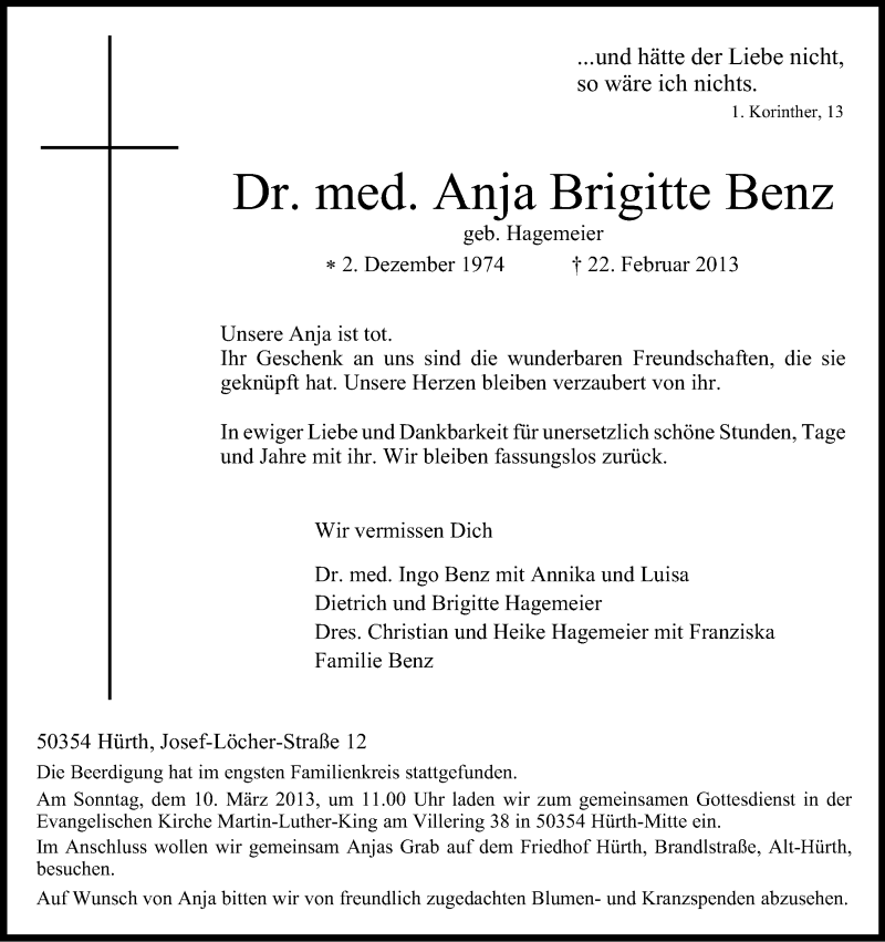  Traueranzeige für Anja Brigitte Benz vom 06.03.2013 aus Kölner Stadt-Anzeiger / Kölnische Rundschau / Express