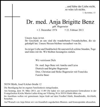 Anzeige von Anja Brigitte Benz von Kölner Stadt-Anzeiger / Kölnische Rundschau / Express
