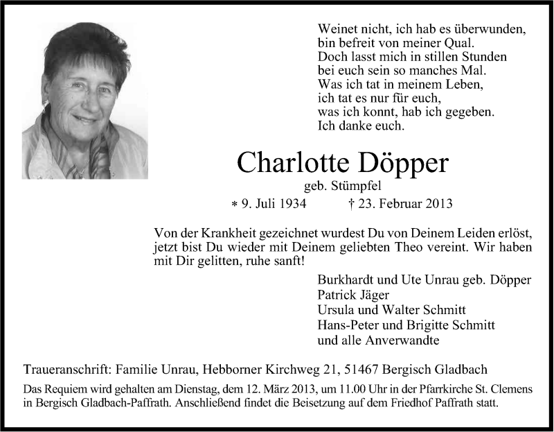  Traueranzeige für Charlotte Döpper vom 06.03.2013 aus Kölner Stadt-Anzeiger / Kölnische Rundschau / Express