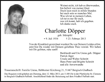 Anzeige von Charlotte Döpper von Kölner Stadt-Anzeiger / Kölnische Rundschau / Express