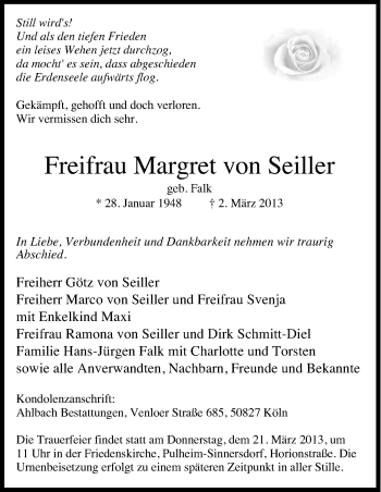 Anzeige von Freifrau Margret von Seiller von Kölner Stadt-Anzeiger / Kölnische Rundschau / Express