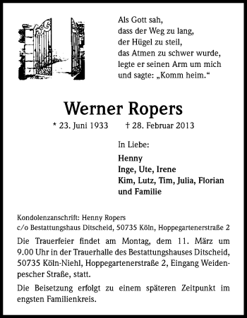 Anzeige von Werner Ropers von Kölner Stadt-Anzeiger / Kölnische Rundschau / Express