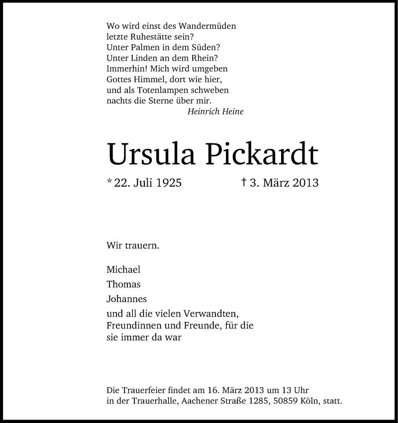  Traueranzeige für Ursula Pickardt vom 09.03.2013 aus Kölner Stadt-Anzeiger / Kölnische Rundschau / Express