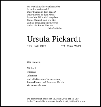 Anzeige von Ursula Pickardt von Kölner Stadt-Anzeiger / Kölnische Rundschau / Express