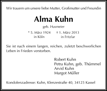 Anzeige von Alma Kuhn von Kölner Stadt-Anzeiger / Kölnische Rundschau / Express