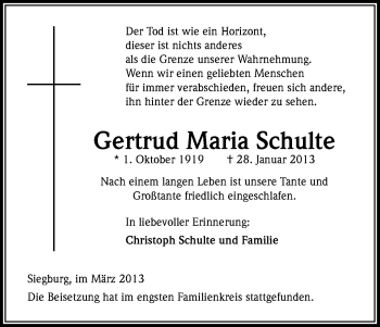 Anzeige von Gertrud Maria Schulte von Kölner Stadt-Anzeiger / Kölnische Rundschau / Express