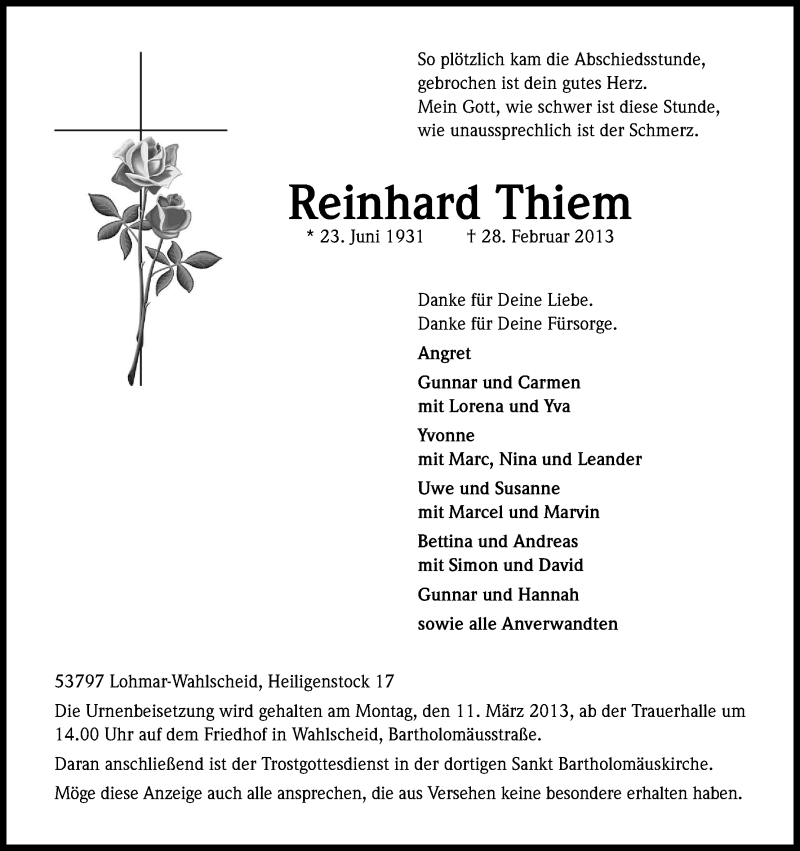  Traueranzeige für Reinhard Thiem vom 06.03.2013 aus Kölner Stadt-Anzeiger / Kölnische Rundschau / Express