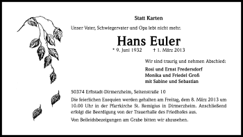 Anzeige von Hans Euler von Kölner Stadt-Anzeiger / Kölnische Rundschau / Express