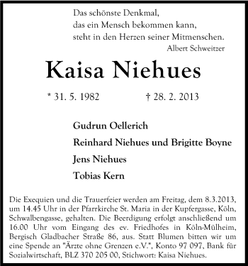 Anzeige von Kaisa Niehues von Kölner Stadt-Anzeiger / Kölnische Rundschau / Express