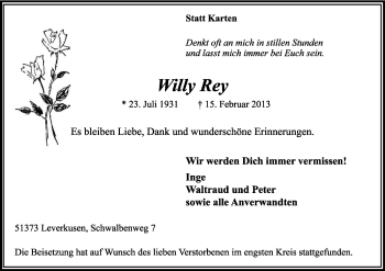 Anzeige von Willy Rey von Kölner Stadt-Anzeiger / Kölnische Rundschau / Express
