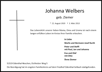 Anzeige von Johanna Welbers von Kölner Stadt-Anzeiger / Kölnische Rundschau / Express
