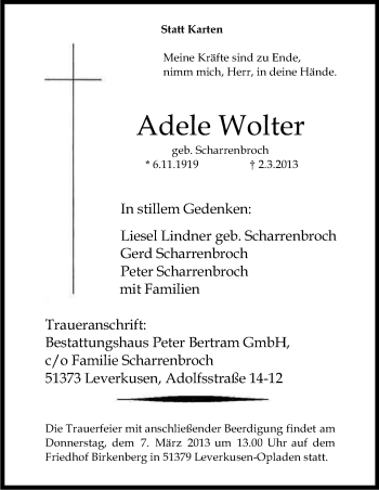 Anzeige von Adele Wolter von Kölner Stadt-Anzeiger / Kölnische Rundschau / Express