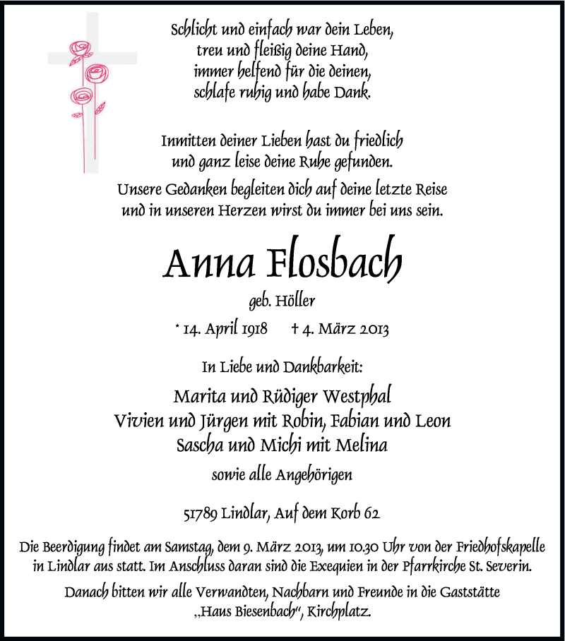  Traueranzeige für Anna Flosbach vom 06.03.2013 aus Kölner Stadt-Anzeiger / Kölnische Rundschau / Express