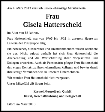 Anzeige von Gisela Hatterscheid von Kölner Stadt-Anzeiger / Kölnische Rundschau / Express