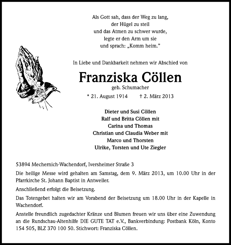  Traueranzeige für Franziska Cöllen vom 06.03.2013 aus Kölner Stadt-Anzeiger / Kölnische Rundschau / Express
