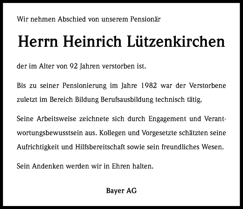  Traueranzeige für Heinrich Lützenkirchen vom 07.03.2013 aus Kölner Stadt-Anzeiger / Kölnische Rundschau / Express
