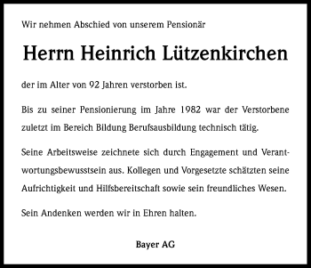 Anzeige von Heinrich Lützenkirchen von Kölner Stadt-Anzeiger / Kölnische Rundschau / Express