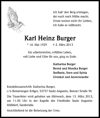 Anzeige von Karl Heinz Burger von Kölner Stadt-Anzeiger / Kölnische Rundschau / Express